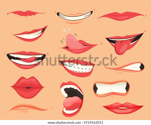 Mouth\
expressions. Lips with a variety of emotions, facial expressions.\
Female lips in cartoon style. Collection of gestures lips. Set of\
mouth cartoon funny and emotion. Red\
lipstick