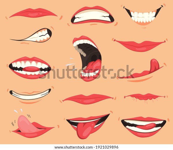 Mouth\
expressions. Lips with a variety of emotions, facial expressions.\
Female lips in cartoon style. Collection of gestures lips. Set of\
mouth cartoon funny and emotion. Red\
lipstick
