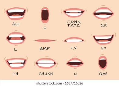 Mouth Sync. Talking Mouths Lips For Cartoon Character Animation And English Pronunciation Signs. Isolated Female Emotions And Speaking Articulation Set