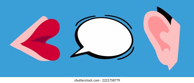 The Mouth Of A Woman Saying Something (empty Blank Speech Bubble) Inside A Man's Ear. Retro Vintage Cutout Illustration, Vector Art.
