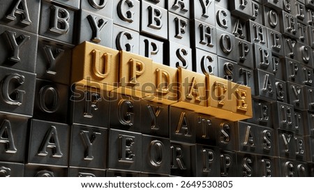 Movable type printing with word update. Investment in life insurance and healthcare concept.close up of Movable type printing,Business Concept.3D rendering on gold background.