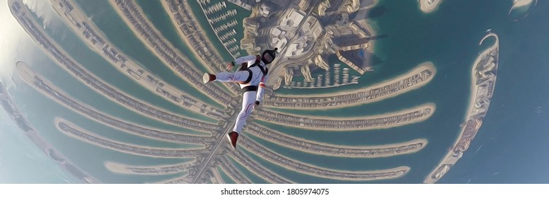 Movement. Athletes are engaged in active outdoor sports. Parachutist in vocational suit. Fly men is jumping. Skydiving team. Banner. 

