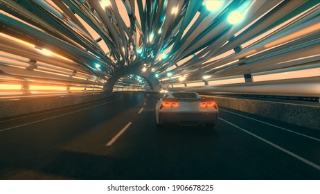 The Movement Of Car On A Futuristic Bridge With Fiber Optic. Future Technologies Concept. Business Background. Pleasant Natural Light. 3d Illustration