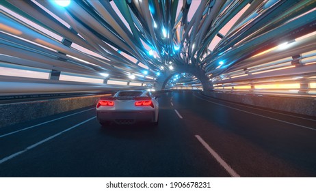 The Movement Of Car On A Futuristic Bridge With Fiber Optic. Future Technologies Concept. Business Background. Pleasant Natural Light. 3d Illustration