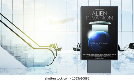 Movie Advertising On Airport Lobby 3d Rendering