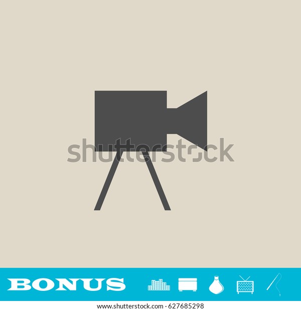 Movie camera icon flat. Simple gray pictogram\
on light background. Illustration symbol and bonus icons real\
estate, ottoman, vase, tv, fishing\
rod