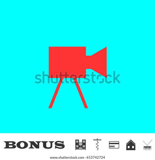 Movie camera icon flat. Simple red\
pictogram on blue background. Illustration symbol and bonus icons\
Music center, corkscrew, credit card, house,\
drum