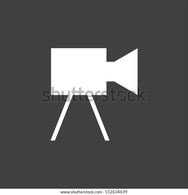 Movie camera icon flat. White symbol\
illustration isolated on grey\
background