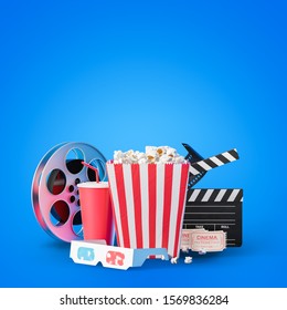 Movie clapper board, cinema ticket, popcorn in striped bag, film reel, drink and 3d glasses over blue background. Concept of entertainment. 3d rendering mock up
