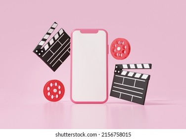 Movie clapper board, creative video editing concept via smartphone white screen with roll floating on pink background, cartoon minimal, banner, vlog, entertainment, 3d render illustration