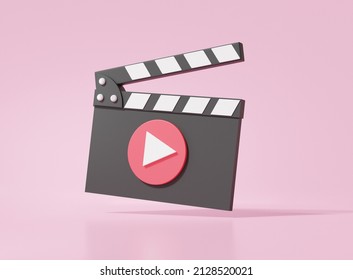 Movie clapper board icon floating on pink background with creative video editing concept. cartoon minimal, banner, copy space, website, 3d render illustration