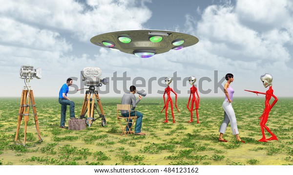 Movie crew, flying saucer and\
aliens\
Computer generated 3D\
illustration