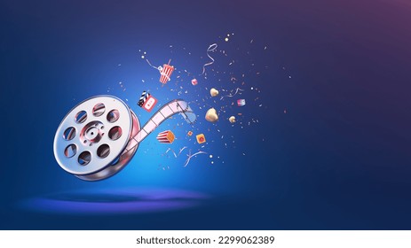 Movie film reel enjoy watching movies cinema online Entertainment media movie making with film strip, speaker, clapperboard, popcorn. Director multimedia application. clipping path. 3D Illustration. - Powered by Shutterstock