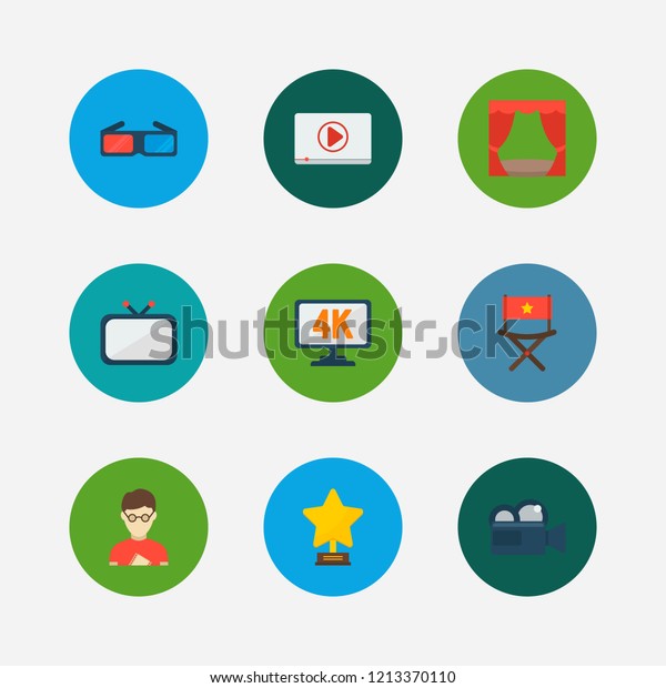 Movie icons set. Play video and movie icons with\
theater curtain, 4k cinema and movie director. Set of artistic for\
web app logo UI\
design.