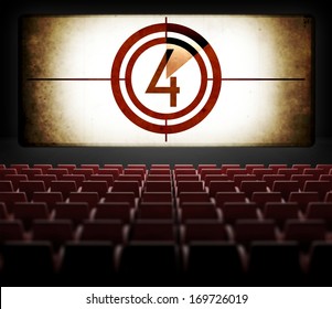 Movie Screen Countdown In Old Retro Cinema, View From Audience