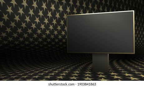 Movie Stars 3D Illustration Concept, Virtual Backdrop. A Dark Graphic Background With An Empty Screen, Ideal For TV Shows, Actor Interviews Or Product Photoshoots