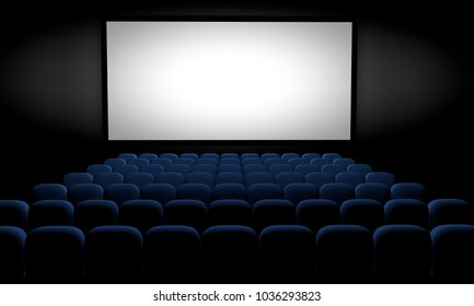 movie theater with blue seats and blank screen, 3d illustration