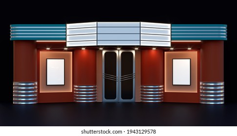 Movie Theater Cinema Facade Exterior 3d Illustration. Retro Movie House.