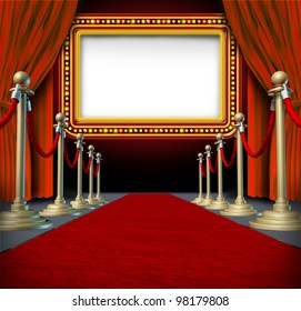 Movie and theater marquee blank sign with elegant velvet curtains and a red carpet with gold barriers roped off and a billboard in lights as an icon of entertainment and important show announcement.
