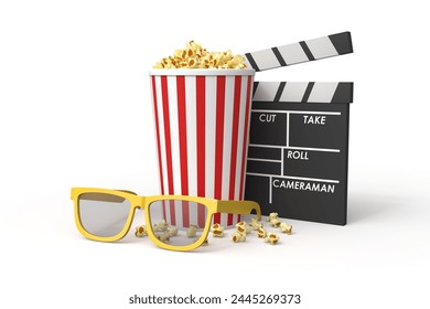 Movie Time Concept with Popcorn and Clapperboard. 3D Illustration - Powered by Shutterstock