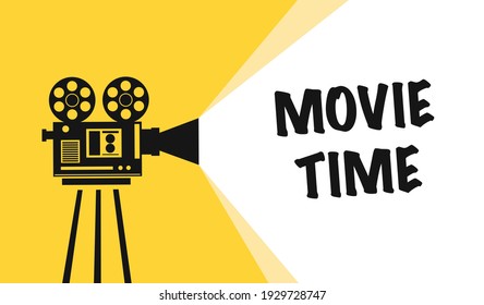 Movie time concept with retro camera isolated on yellow beams. illustration