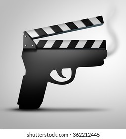 Movie Violence Concept Or Crime Flick Concept As A Clapperboard Or Movie Slate Board Shaped As A Gun As A Symbol For Guns In Television Internet Or Movies.