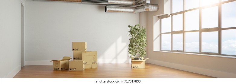 Moving Boxes In Apartment As Recolation Or Moving Company Concept (3D Rendering)