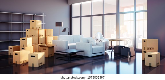 Moving boxes and different furniture in a new contemporary appartment - 3D illustration - Powered by Shutterstock