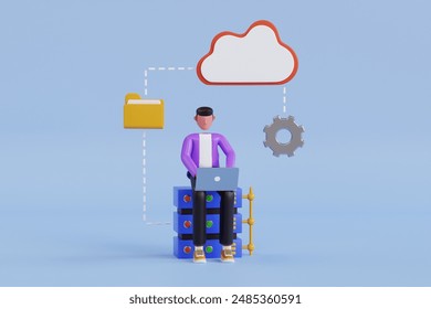 Moving Data to Cloud Storage 3D Illustration. Backup Server 3D Illustration