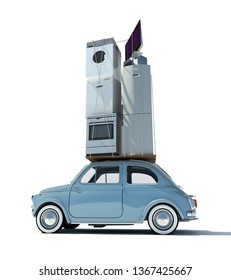 Moving Day, 3D Rendering Of Small Car Carrying Home Appliances