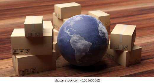 Moving Global Business. Cardboard Boxes And Earth Globe On Home Wood Floor. Woldwide International Relocation Services Concept. 3d Illustration