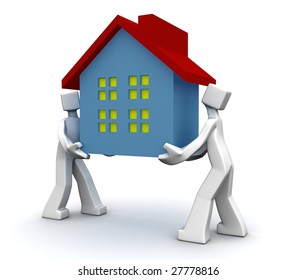 Moving house concept 2 man carrying a house shifting to new place - Powered by Shutterstock