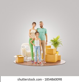 Moving house concept. Unusual 3d illustration of a Happy family enjoying new home. - Powered by Shutterstock