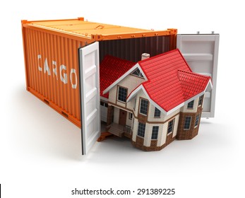 Moving House. Home And Cargo Shipping Container Isolated On White. Delivery. 3d