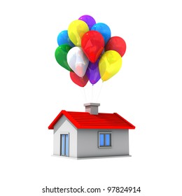 Moving house with lots of colorful balloons flying.