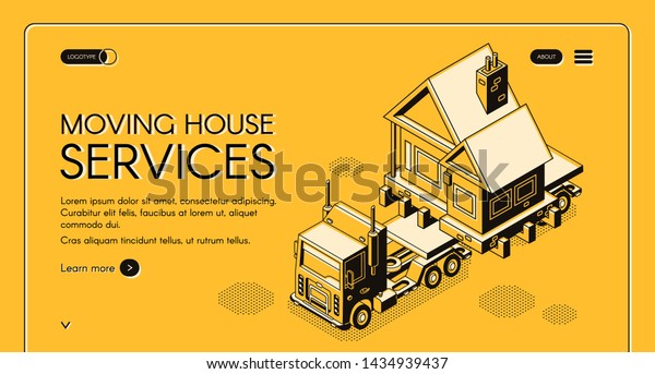 Moving house works online service isometric web\
banner. Cargo truck carrying whole cottage house on freight\
platform on new place line art illustration. Transport company\
landing page\
template