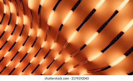 Moving luminous stripes in tubes. Design. Background of curved tubes on surface with luminous strokes. Moving luminous strokes move in tubes