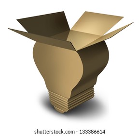 Moving Solutions With An Opened Brown Cardboard Box Shaped As A Light Bulb As A Concept Of Innovative Ideas In Delivering Merchandise By Freight Transportation And Packaging.