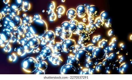 Moving stream of glowing bubbles on dark background. Design. Bright glowing bubbles move in stream. Diagonal flow of moving 3d bubbles with neon glow