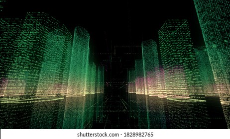 Moving Through The Green Colored Neon Model Of Abstract Digital City Contained Of Numbers And Grids On Black Background. Business, Technology And Digital Tech Concept. 3d Rendering In 4k Ultra HD