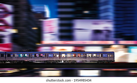 Moving Train On Blurred City Background. Metro Train In Urban City, Side View. 3d Illustration