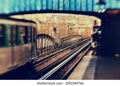 A Moving Train In Paris Metro Station In Vintage Pastel Painting Style.