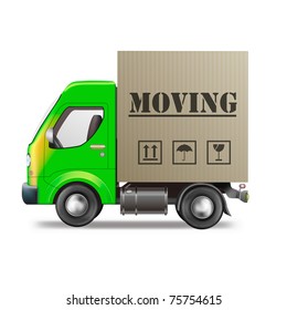 moving truck relocation with cardboard moving box isolated on white