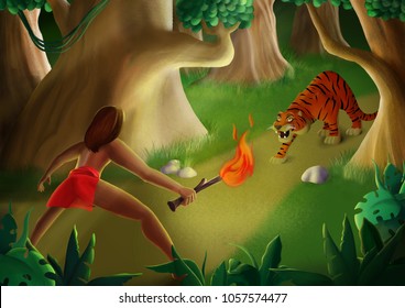 Mowgli. A young man is holding a torch in his hand. A man in the jungle fighting a tiger