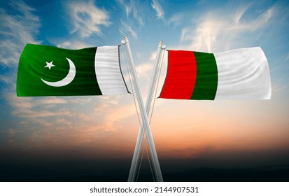 MQM. Muttahida Qaumi Movement P  And Pakistan Waving Flags With Sky. 3d Rendering Illustration. 