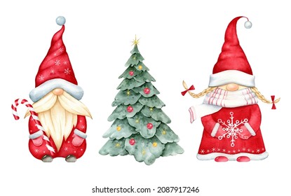 Mr And Mrs Clause Gnomes,Christmas Tree.
Watercolor Illustration Isolated On White Background.