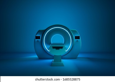 MRI machine, magnetic resonance imaging machine on a dark blue background. Concept medicine, technology, future. 3D rendering, 3D illustration, copy space