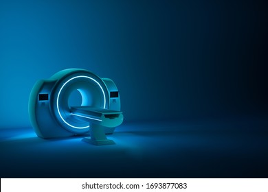 MRI machine, magnetic resonance imaging machine on a dark blue background. Concept medicine, technology, future. 3D rendering, 3D illustration, copy space