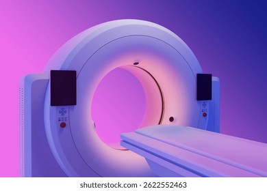 MRI scanner machine featuring a glowing circular opening, high-quality 3D Rendering style, vibrant pink and purple gradient background, concept of medical technology