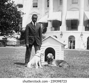 Mrs. Harding's dogs O'Boy & Laddie Boy attended by a member of the White House staff. Throughout the 20th century, the African Americans of Washington, DC have served as White House staff.